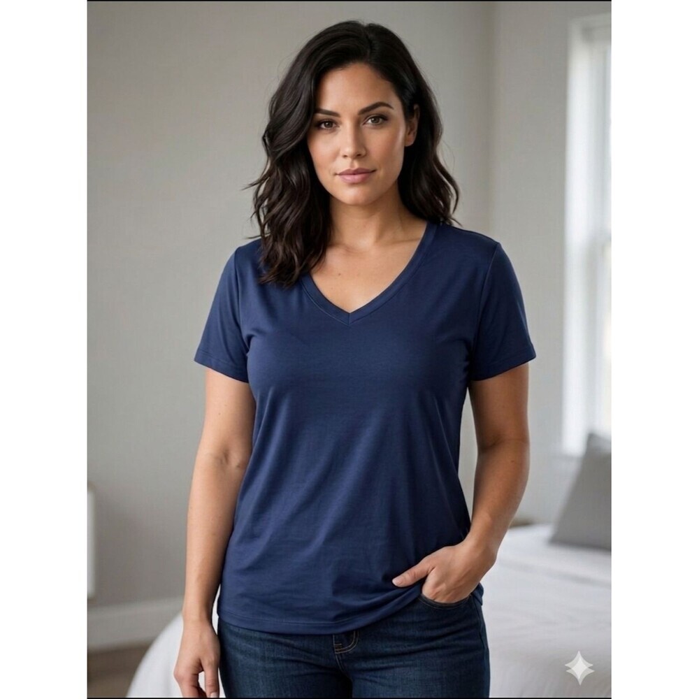 Boutique Navy Blue V-Neck Short Sleeve Top Size XL (EUC)